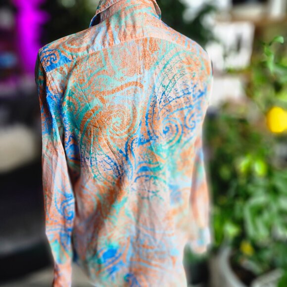 Lauren Ralph Lauren Medium Blue & Orange Abstract Button Long Sleeve Shirt - Picture 9 of 12